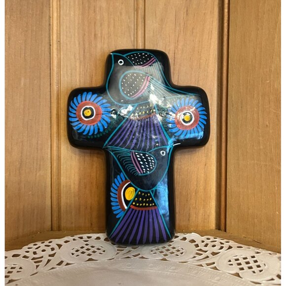 Talavera Mexican Pottery Wall Cross Hand Painted Birds Floral Folk Art - Picture 1 of 7